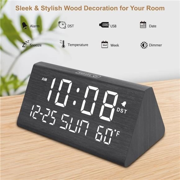 Digital Alarm Clocks for Bedrooms - Wooden Electric Clock with USB Ports, Date - Picture 5 of 6
